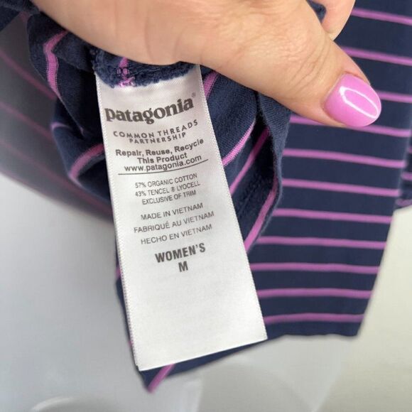 Patagonia Top Shallow Seas Size Medium Navy Blue Purple Striped Long Sleeve - Picture 7 of 10